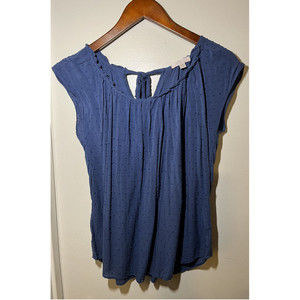 LC Lauren Conrad Shirt Womens Blue Small Embroidered Polka Dot Key Hole Tie Neck